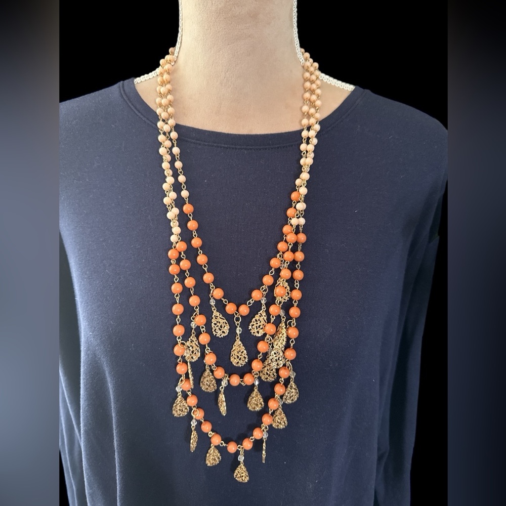 Goldtone and Coral and Cream colored Acrylic beads 3 Strand Necklace. (B-M)